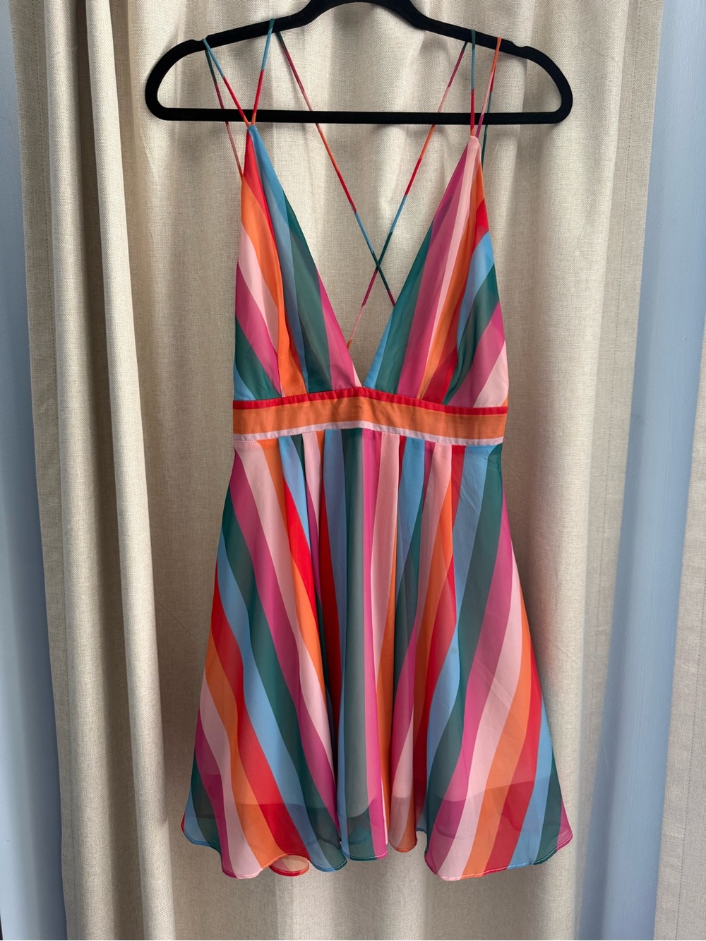 essue Blue & Green Striped Dress with Cream Trim
